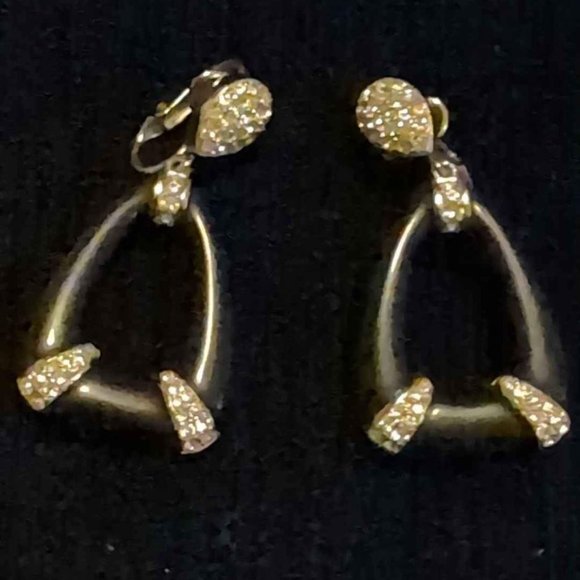 Vintage Rhinestone and Black Drop Clip Earrings - Picture 2 of 10